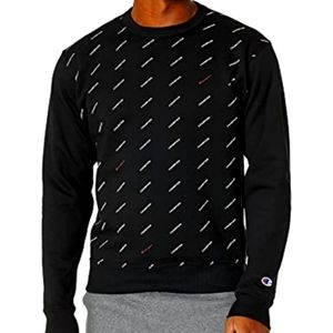 Champion Mens Fleece Sweatshirt All Over Logo Print Black White Crew Neck M
